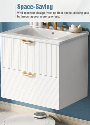 Modern 24-Inch Wall-Mounted Bathroom vanity with 2 Drawers, White - Ideal for Small Bathrooms