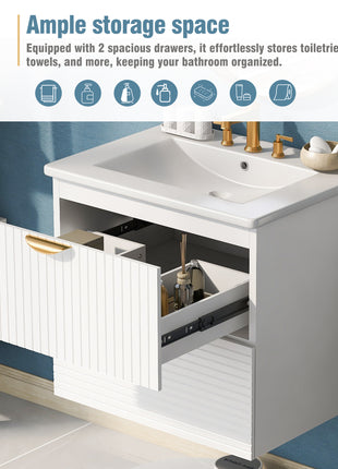 Modern 24-Inch Wall-Mounted Bathroom vanity with 2 Drawers, White - Ideal for Small Bathrooms