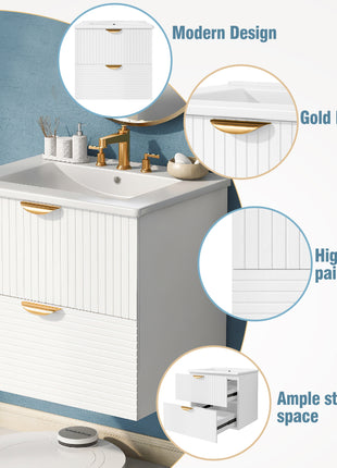 Modern 24-Inch Wall-Mounted Bathroom vanity with 2 Drawers, White - Ideal for Small Bathrooms