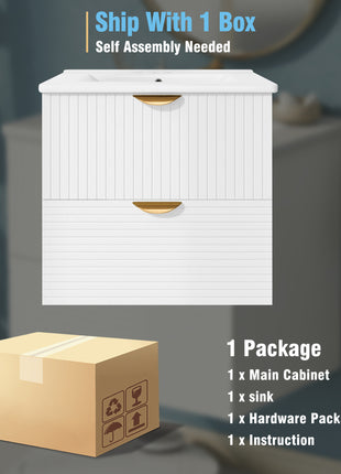 Modern 24-Inch Wall-Mounted Bathroom vanity with 2 Drawers, White - Ideal for Small Bathrooms